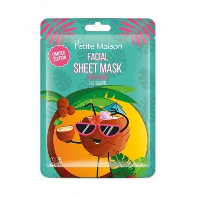 PETITE MAISON ENERGIZING COCO VIBES FACIAL SHEET MASK energizuojanti lakštinė veido kaukė, 20 ml