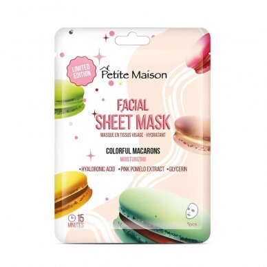 PETITE MAISON FACIAL SHEET MASK – MOISTURIZING COLORFUL MACARONS drėkinanti lakštinė veido kaukė, 20 ml